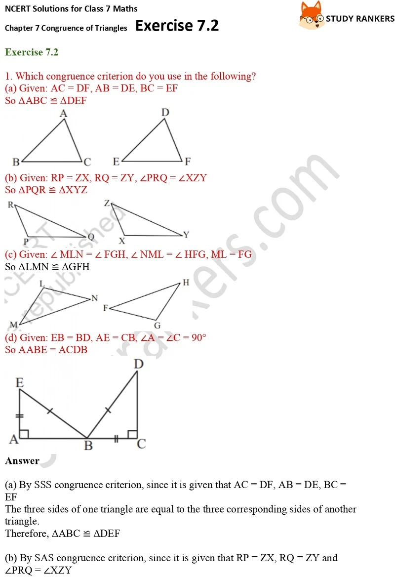 NCERT Solutions for Class 7 Maths Ch 7 Congruence of Triangles Exercise 7.2 1