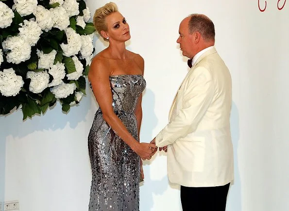 Princess Charlene wore Strapless Silver Sequin jumpsuit at Monaco Red Cross Ball Gala in Monte-Carlo