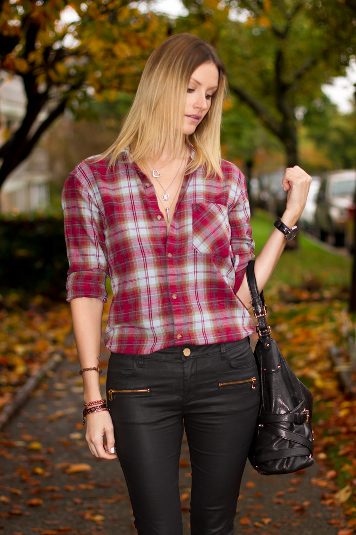 Vancouver Fashion Blogger, Alison Hutchinson, wearing Aritzia  red plaid flannel top, Zara wax coated denim pants, Zara spiked leather heels, Tiffany, La Dama and Pyrrha Necklaces, True Worth design and Givenchy Bracelets. Michael Kors Bag, and Kenneth Cole Watch