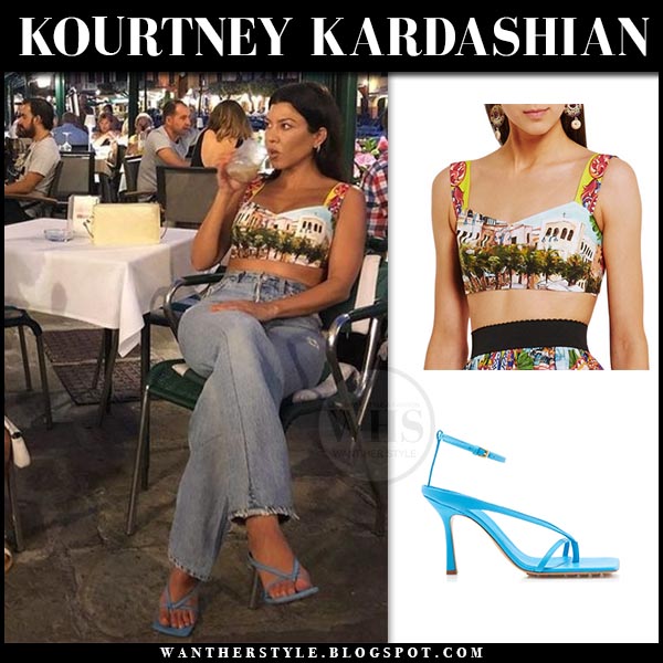 Kourtney Kardashain In Printed Crop Top And Blue Sandals In Italy