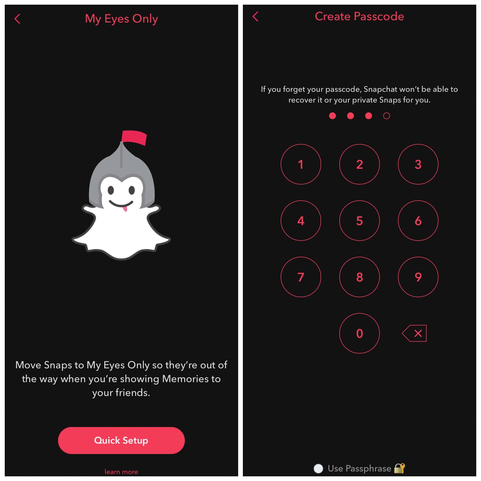 Create a passcode for My Eyes Only on Snapchat