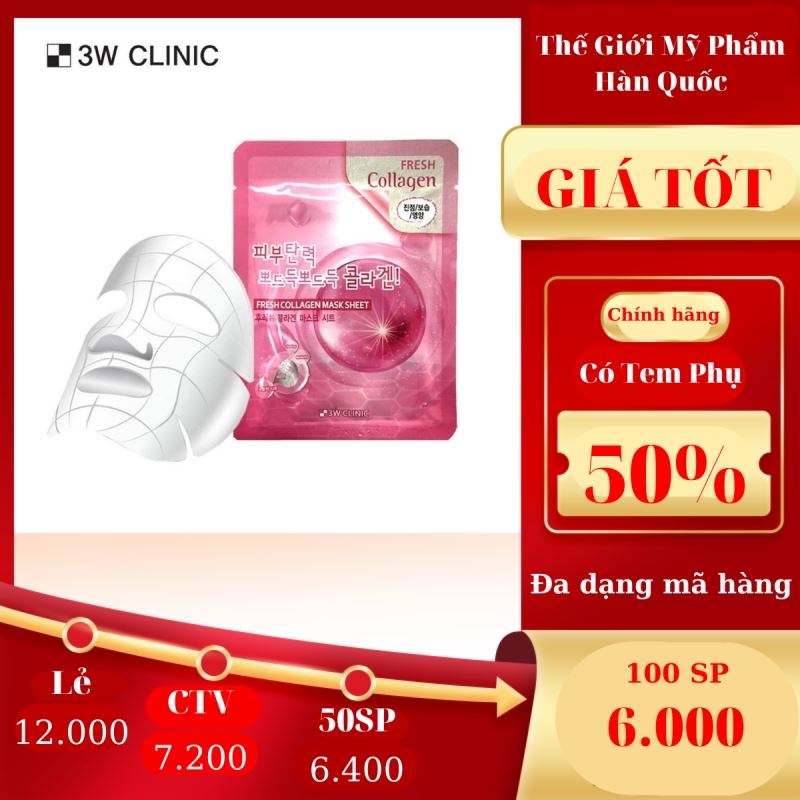 Mặt nạ chiết xuất từ Collagen 3W CLINIC FRESH COLLAGEN MASK SHEET 10 miếng / hộp