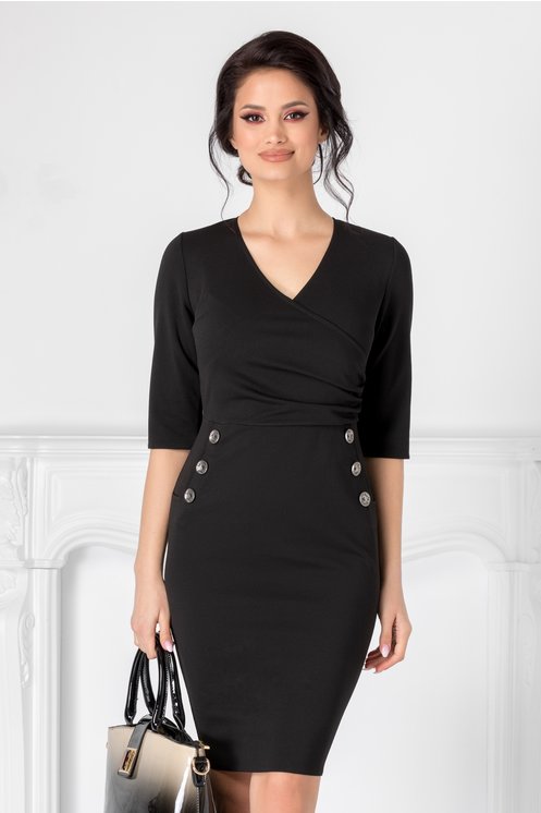 Rochie Emma neagra cu decolteu petrecut si nasturi decorativi Rochie Emma neagra cu decolteu petrecut si nasturi decorativi