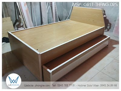 Giường tầng thấp vân gỗ sồi phối trắng tạo hình đầu cao hình thang G2TT-VAT.02S