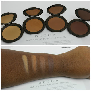 Becca multi-tasking perfecting powder on deep skin tone.