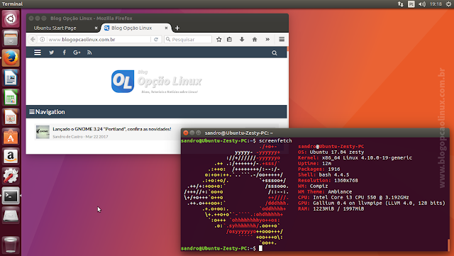 Área de trabalho do Ubuntu 17.04 "Zesty Zapus", com desktop Unity 7