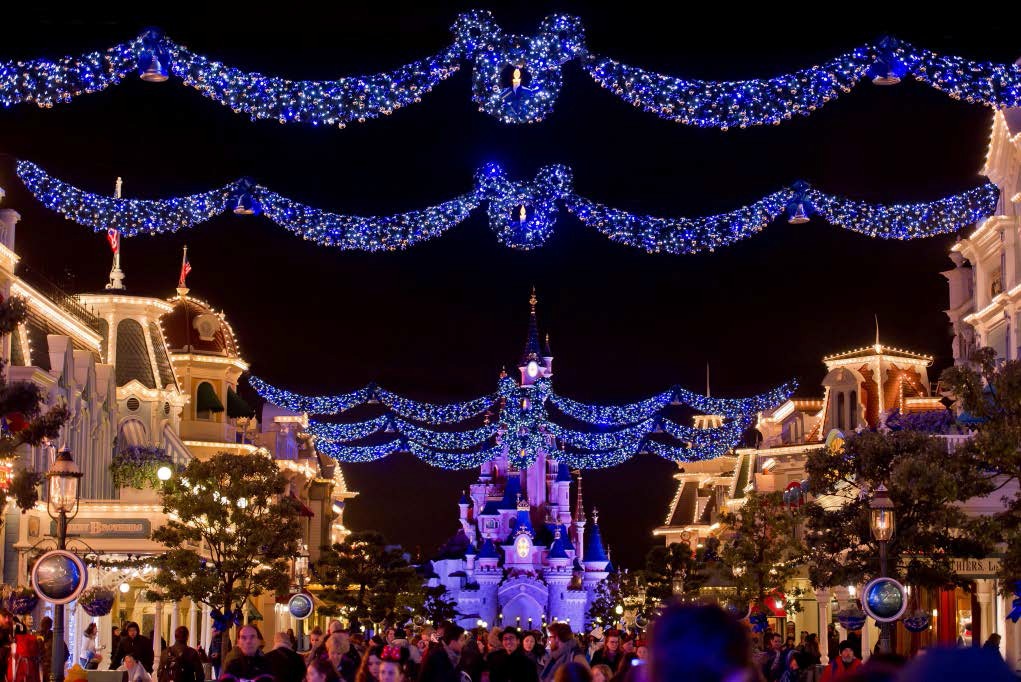 Sleeping beauty Castle at night with Christmas lights, Disneyland Park, Disneyland  Paris