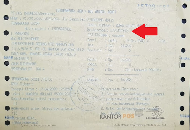 Bukti Fisik Lembar Resi Pengiriman di PT Pos Indonesia