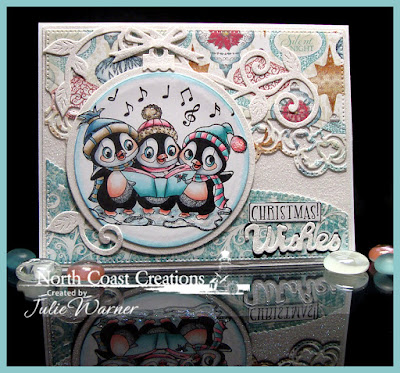 North Coast Creations Stamp set: Caroling Penguins, North Coast Creations Custom Dies: Best Wishes, Flourished Vine, Our Daily Bread Designs Custom Dies:  Flourished Star Pattern, Leafy Edged Borders, Circle Ornaments, Matting Circles, Our Daily Bread Designs Paper Collection: Christmas 2014
