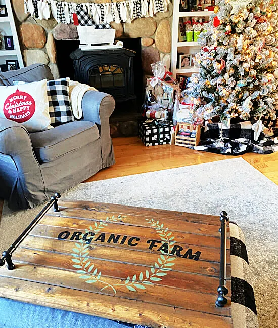 Noodle board on ottoman in living room