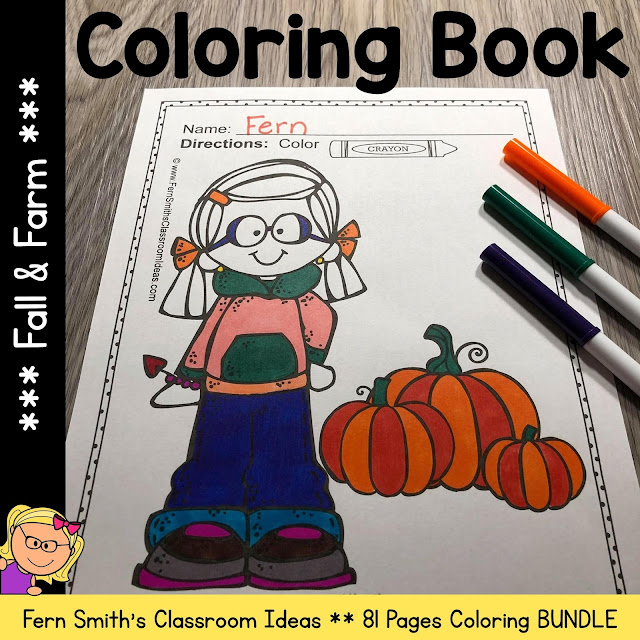 Terrific for a daily coloring page OR have a parent volunteer bind them into a FALL COLORING BOOK for your students. Your students will ADORE these coloring pages because of the cute, cute, cute Fall Themed graphics! Your students can also draw in any Fall background and write about their coloring book page on the back. Use these coloring pages for all sorts of jumping off points for older students to use during their Fall creative writing lessons! Add it to your plans to compliment any Fall Unit! Download these 106 Coloring Book Pages TOTAL for some INSTANT Fall Coloring Joy in your home or classroom!