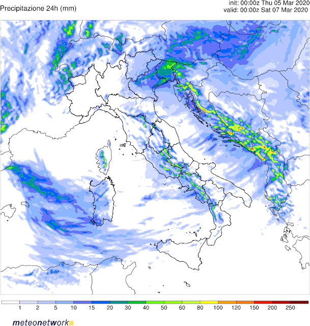 Accumuli pluviometrici in mm prossime 48 ore WRF Italia