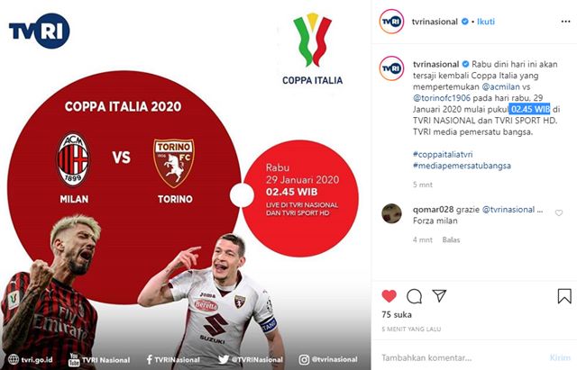 Live Coppa Italia AC Milan Vs Torino di TVRI-IGTVRINasional