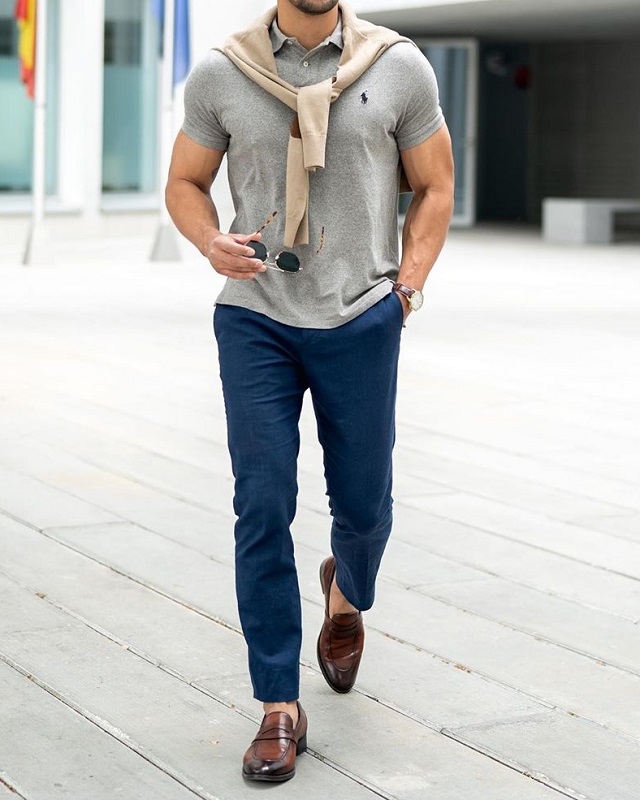 Men's Fashion Style Outfits Ideas Half sleeve's polo T shirt and trousers.