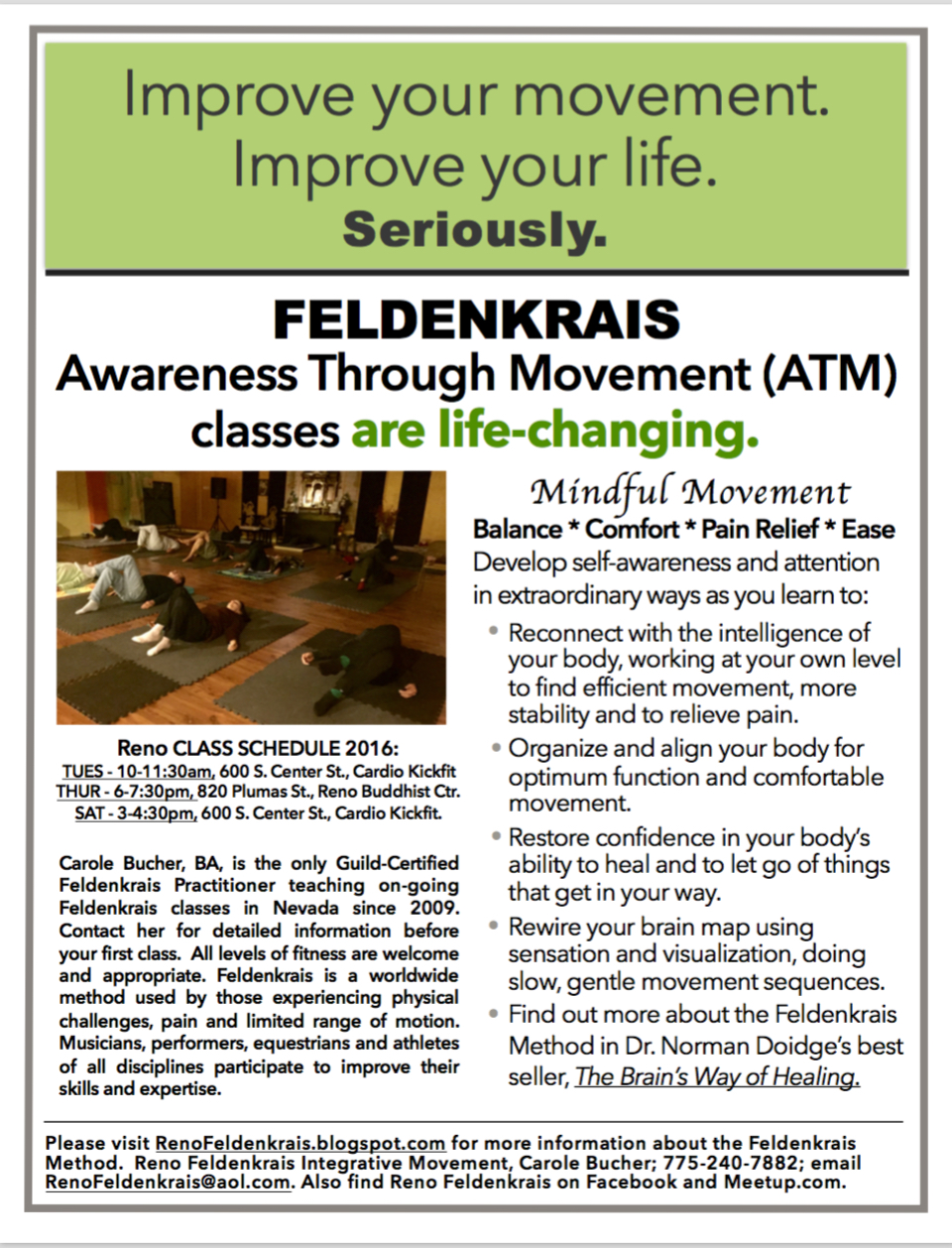 reno feldenkrais integrative movement improved function pain movement class flyers