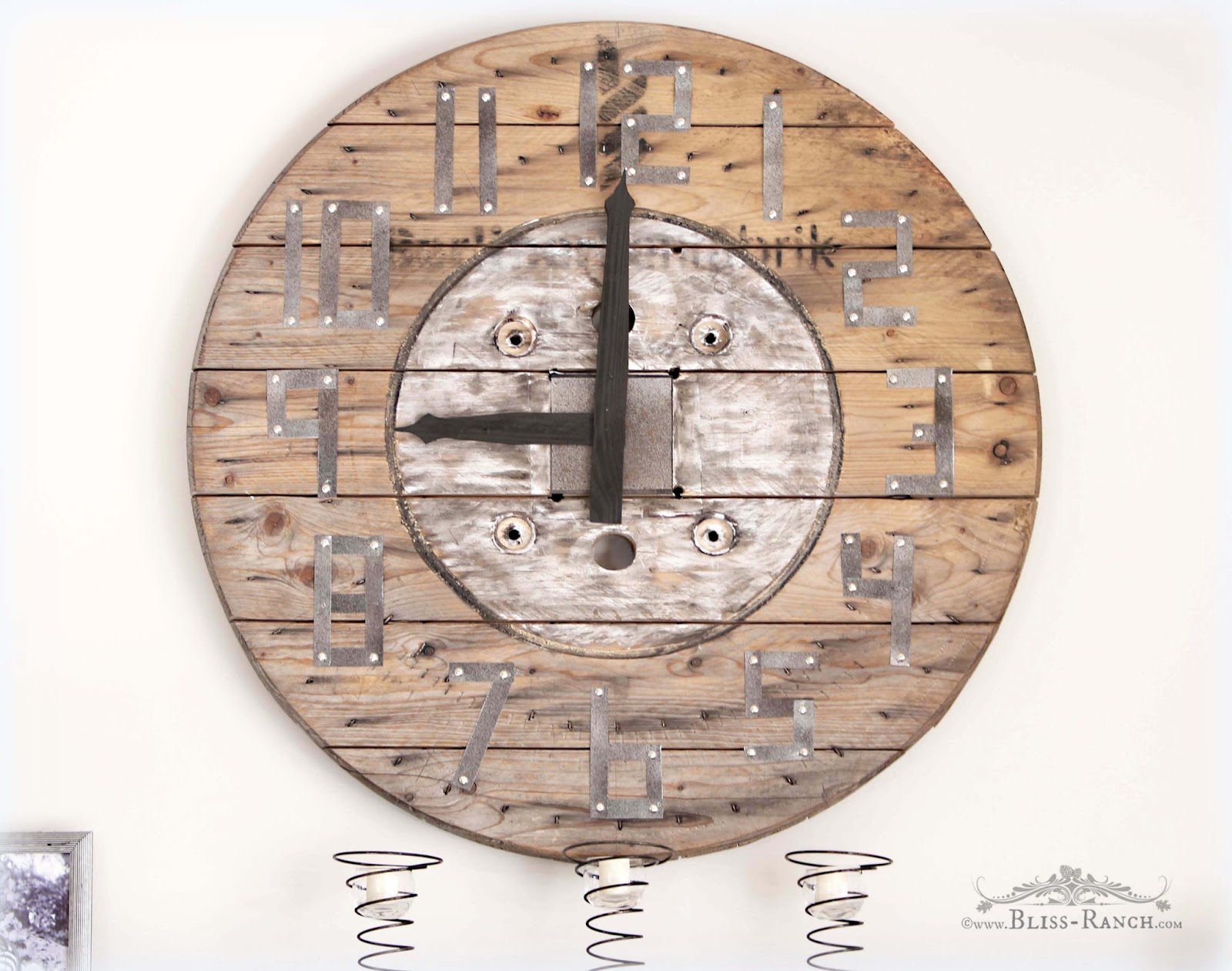 Wood Spool Clock Tin Numbers Bliss-Ranch.com