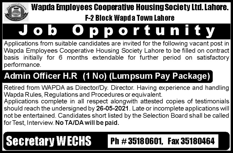 WAPDA Employees Cooperative Housing Society Ltd Lahore Jobs 2021 in Pakistan WAPDA Employees Cooperative Housing Society Ltd Lahore Jobs 2021 in Pakistan