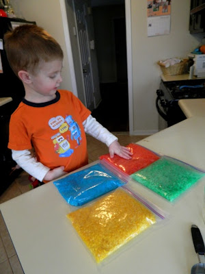 Young boy at kitchen counter with four bags of colored rice