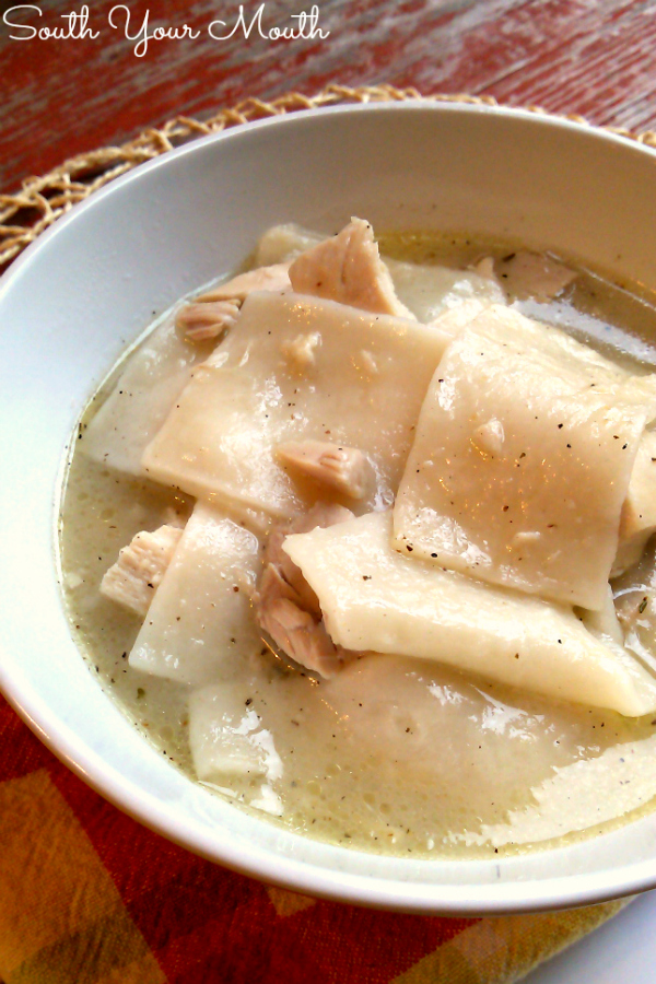 Scratch-made dumplings (with variations for thin pastry-like noodles or thicker doughy dumplings) with a slow cooked chicken stock with easy-to-follow instructions. Just like Nanny made!
