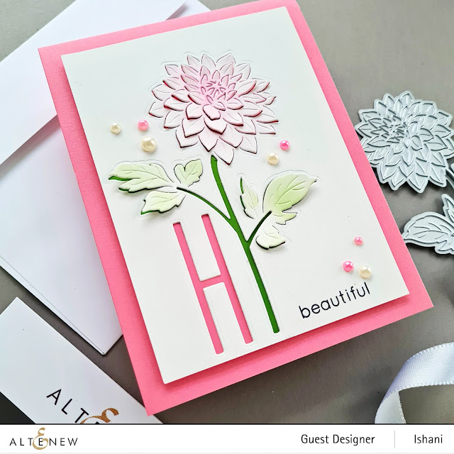 Altenew Pop up Dahlia card, CAS Floral card, Altenew floral card, Die cut card, Quillish, Pretty and delicate floral card