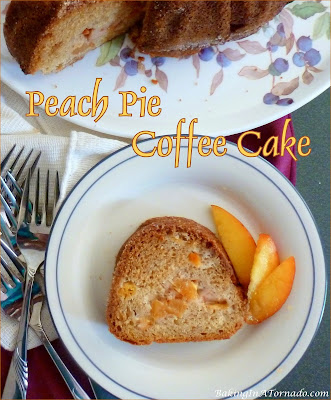 Peach Pie Coffee Cake, a breakfast cake with hints of peach pie. | Recipe developed by www.BakingInATornado.com | #recipe #bake