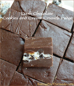 Dark Chocolate Cookies and Creme Crunch Fudge: creamy, chocolate decadence with a surprise crunch in the center. Only takes minutes to make. | Recipe developed by www.BakingInATornado.com | #recipe #chocolate