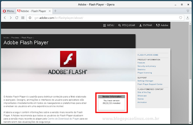 Adobe Flash Player em execução no Opera (Debian 9 "Stretch")