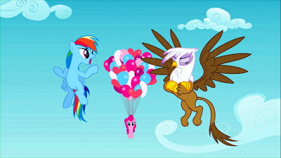 Pinkie uses balloons to reach Dash and Gilda