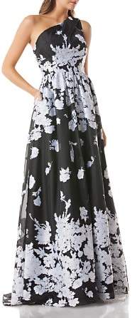 Carmen Marc Valvo One-Shoulder Floral Organza Ball Gown