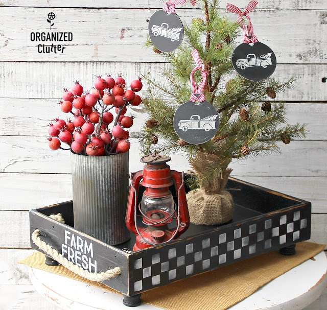Repurposed/Upcycled Drawer Farmhouse Container Vignette & Tree Ornaments #stencil #Christmas #containervignette #farmhouseChristmas #Farmhouse #Checks #dixiebellepaint