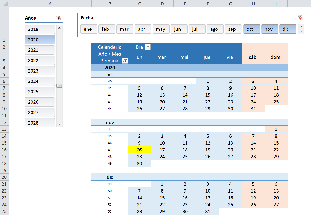 Calendario en Excel con una tabla dinámica ExcelPedroWave