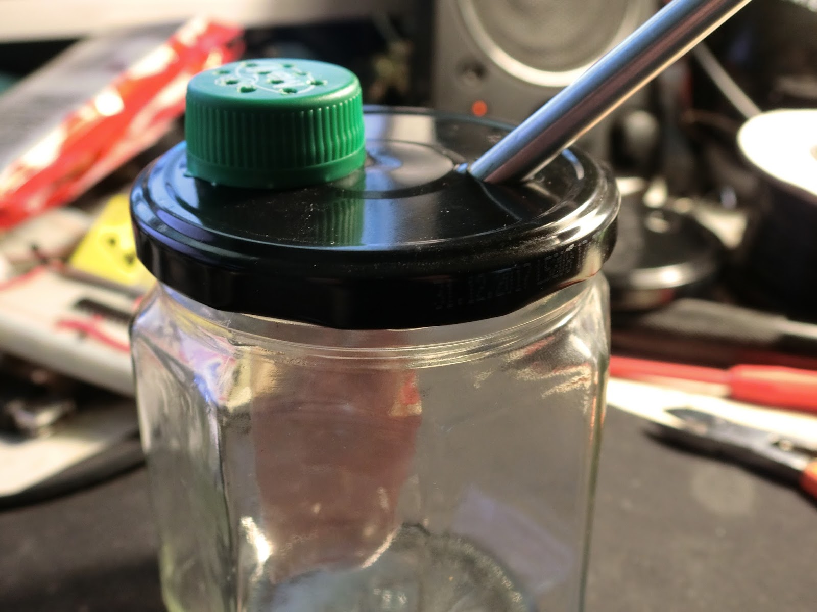 I built a jerry-rigged airbrush cleaning pot out of a spread jar