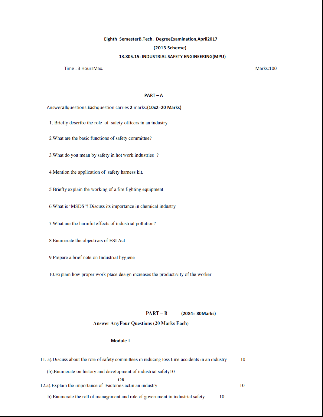 Kerala University B. tech Industrial Safety Engineering(MPU) April 2017