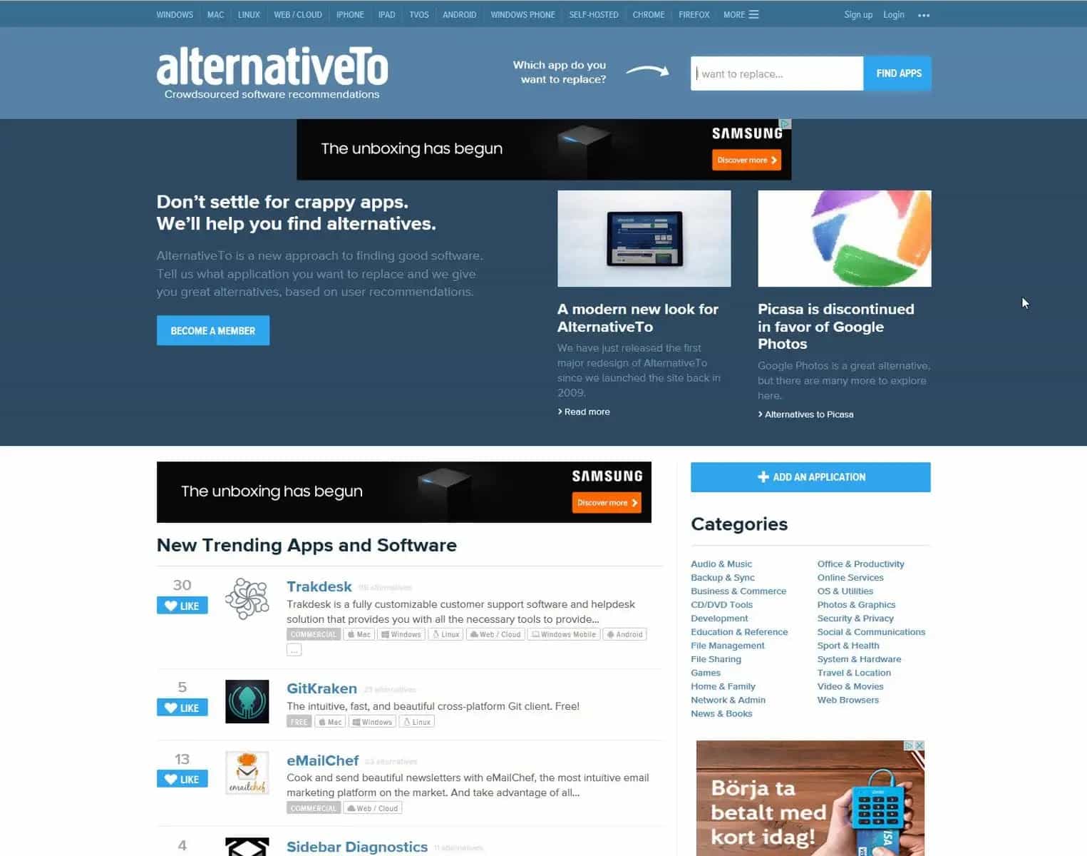 الواجهة الرئيسية لمكتبة Alternativeto.net