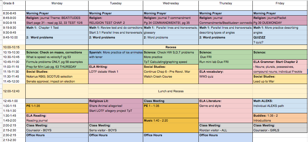 8G Schedule September 21-25 8G Schedule September 21-25