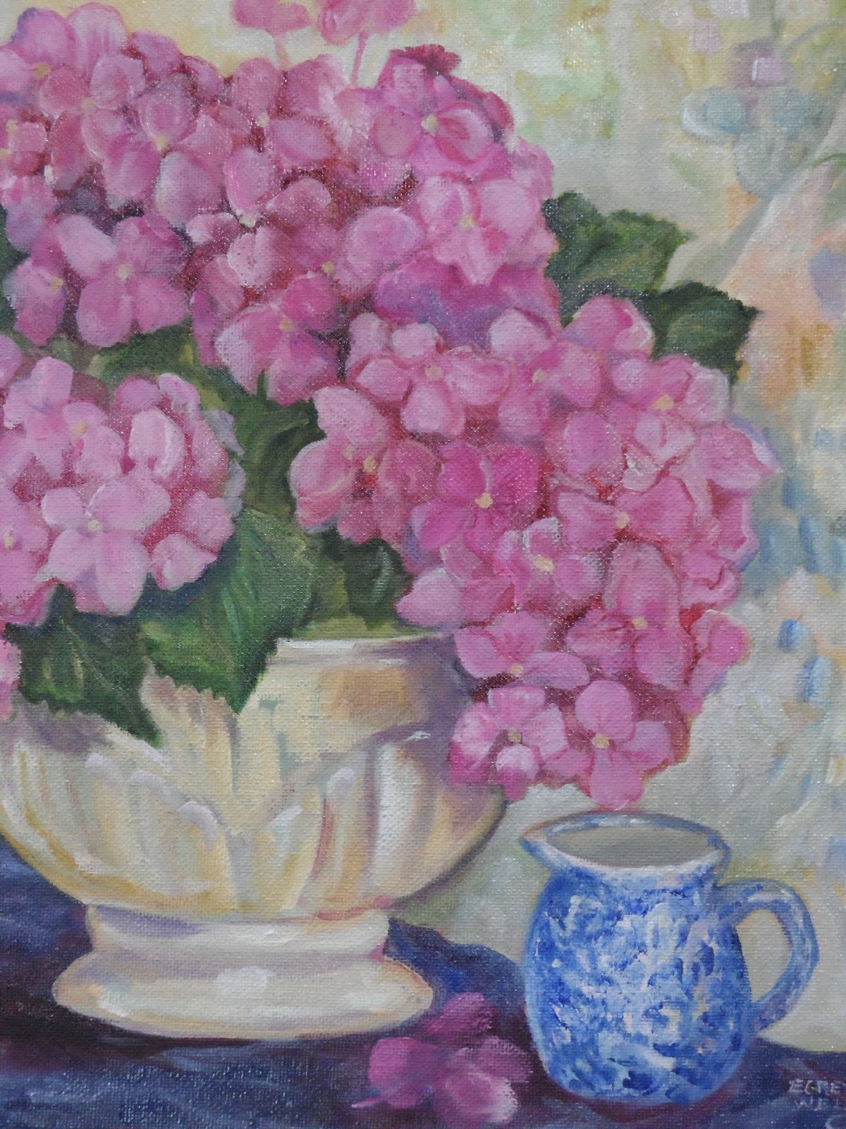 Paintings by Egretta Wells "Pink Hydrangeas Still Life"