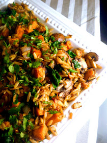 Orzo with Sweet Potato and Ginger:  onions, garlic, mushrooms, and sweet potatoes, caramelized to nutty browness and mixed with tender orzo.  A great meatless meal! - Slice of Southern