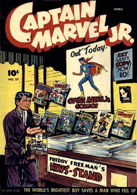 Captain Marvel Junior 37 cover: Freddy Freeman's newsstand with Fawcett comic books displayed