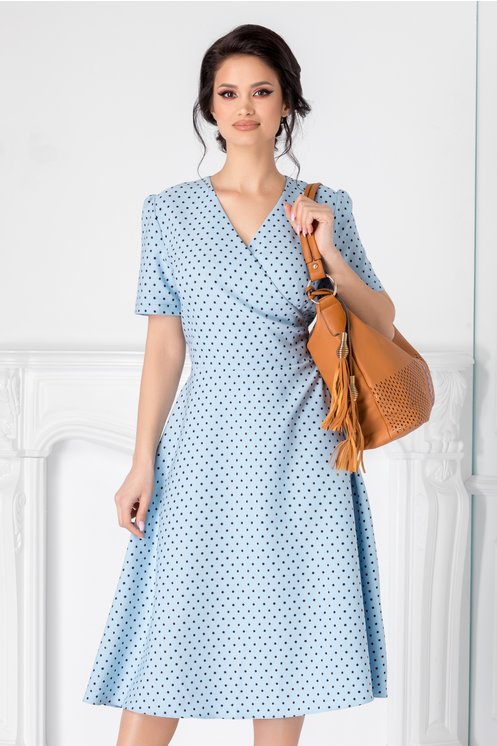 Rochie Perrey bleu cu buline negre si detalii aurii Rochie Perrey bleu cu buline negre si detalii aurii