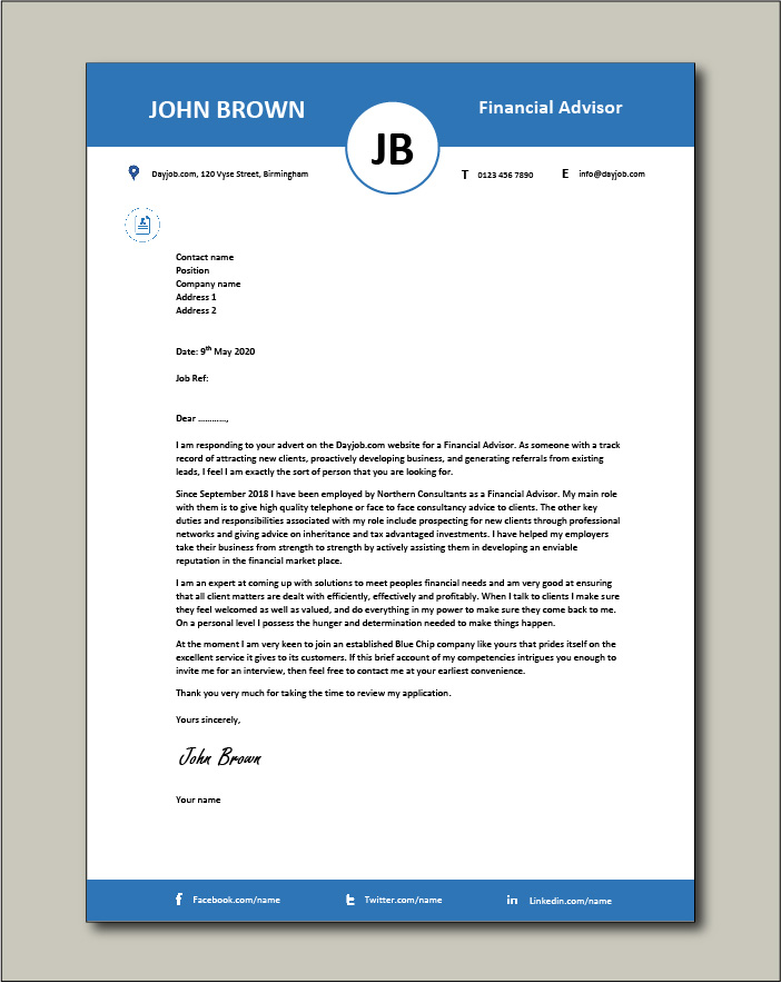 Sample Cover Letter For Financial Advisor Position Sample Letter