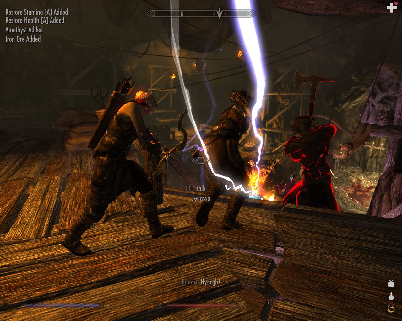 Heidi and Jenassa on a wooden platform fighting bandits, lightning-like beams of magic coming from below