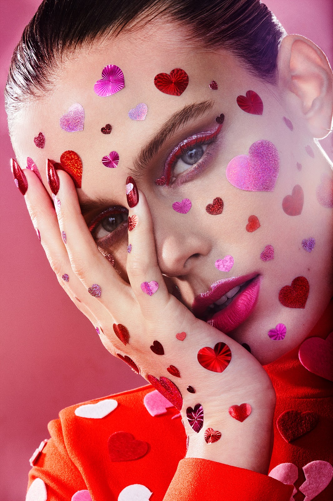 Love Beauty Editorial Photoshoot- Hearts, Glitter Makeup, Stickers all over face, Bows over face, Face, Conversation Hearts, Candy, Neon Flashing Glasses