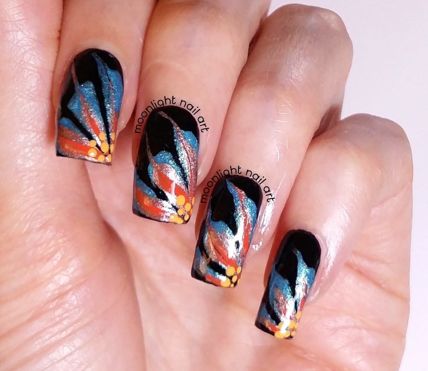 Blue, Bronze, Orange on Black Drag Marble Nail Art Design Tutorial blue-bronze-orange-on-black-drag-marble-nail-art-design-tutorial
