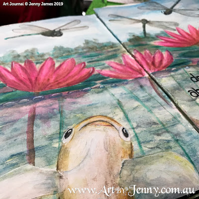 Haiku Watercolour Painting by Jenny James - Dragonflies Hover Above the Waterlilies Hungry are the Fish
