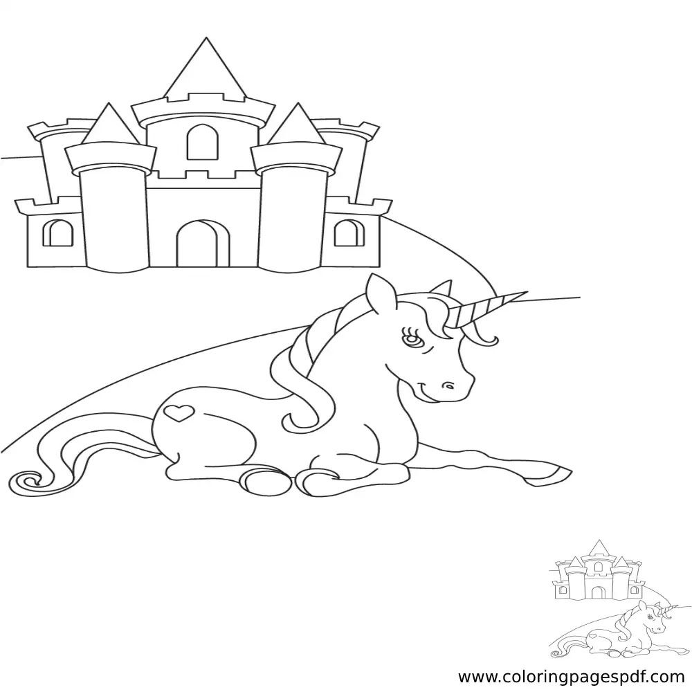 Coloring Page Of A Sitting Unicorn In Front Of A Castle