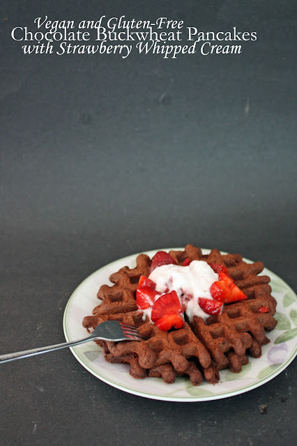 Vegan and gluten-free buckwheat chocolate waffles with strawberry whipped cream