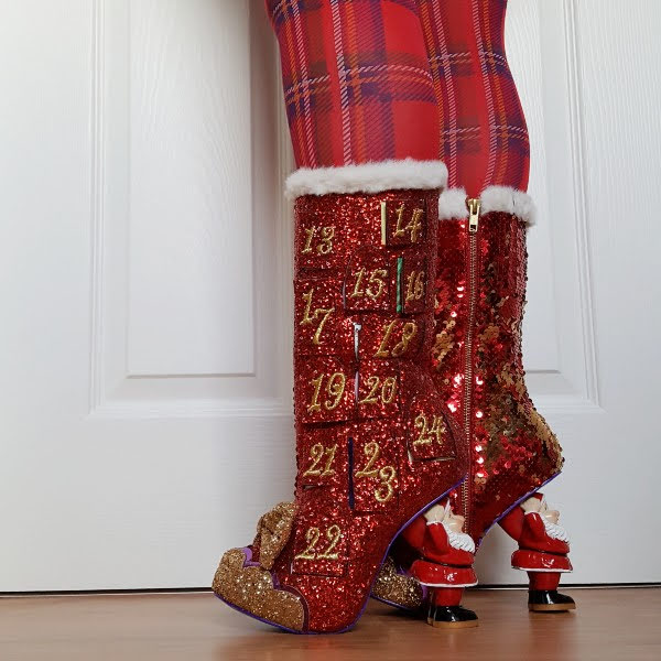 red Christmas glitzy boots with zip and Father Christmas heels