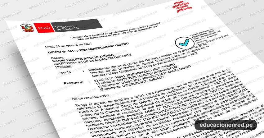 OFICIO N° 00171-2021-MINEDU/VMGP-DIGEDD.- Modificación del Cronograma del Concurso Público de Acceso al Cargo de Director de UGEL OFICIO N° 00171-2021-MINEDU/VMGP-DIGEDD.- Modificación del Cronograma del Concurso Público de Acceso al Cargo de Director de UGEL