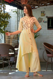 Rayon Asymmetric Embroidery Kurtis Palazzo Set