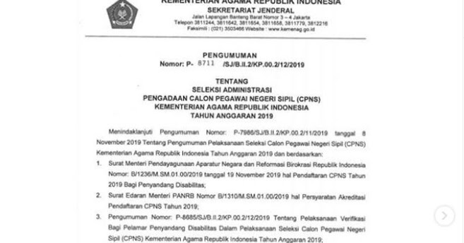 Kemenag Umumkan Hasil Seleksi Administrasi Menjadi 16 Desember 2019